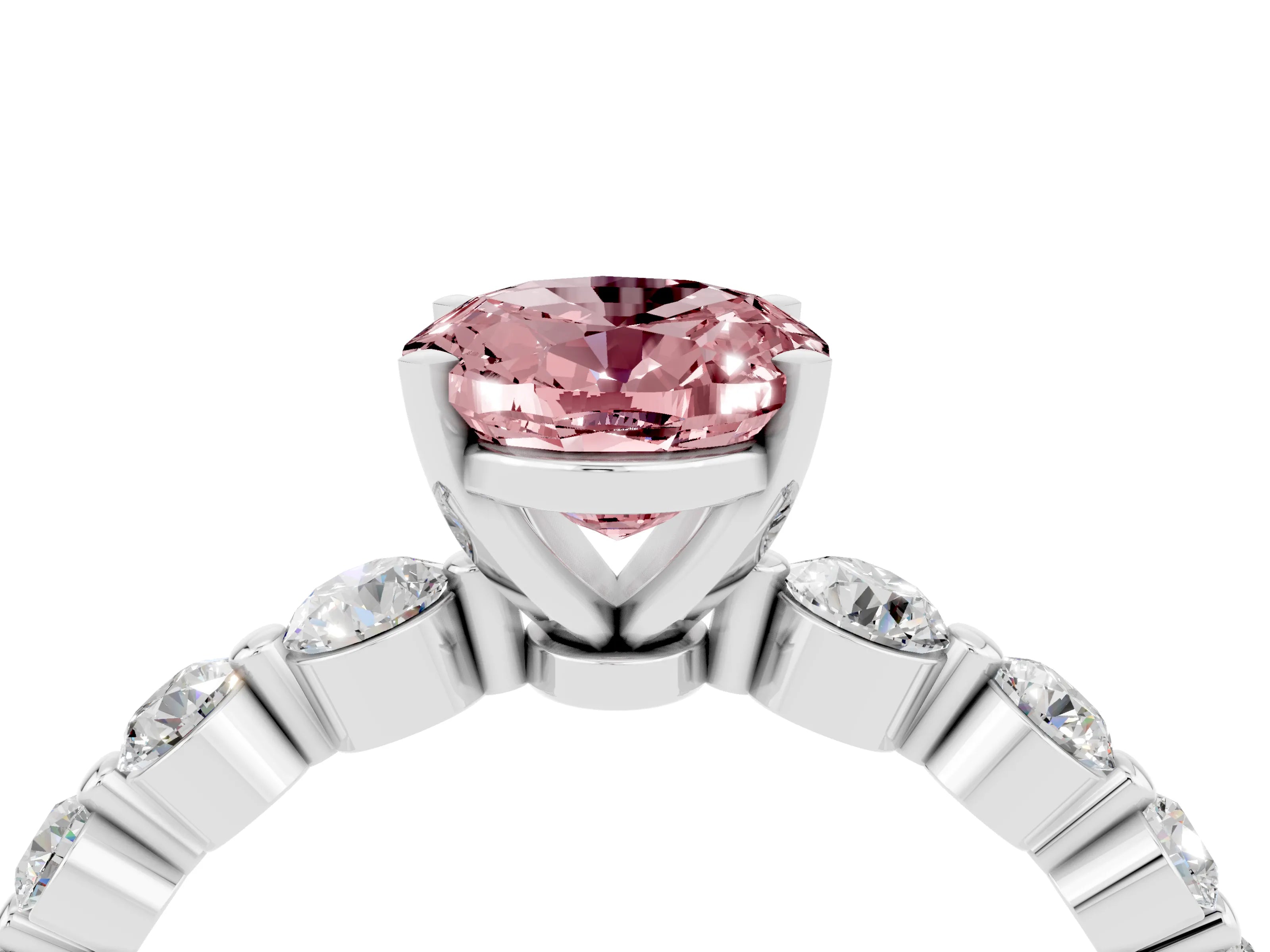 White gold Oval Cut Solitaire Morganite Ring with Pave Band and Four-Prong Setting_4