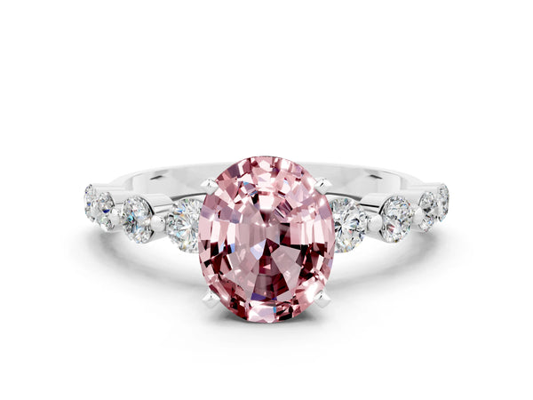 White gold Oval Cut Solitaire Morganite Ring with Pave Band and Four-Prong Setting