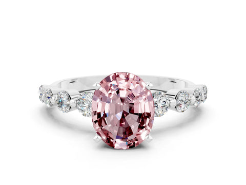 White gold Oval Cut Solitaire Morganite Ring with Pave Band and Four-Prong Setting