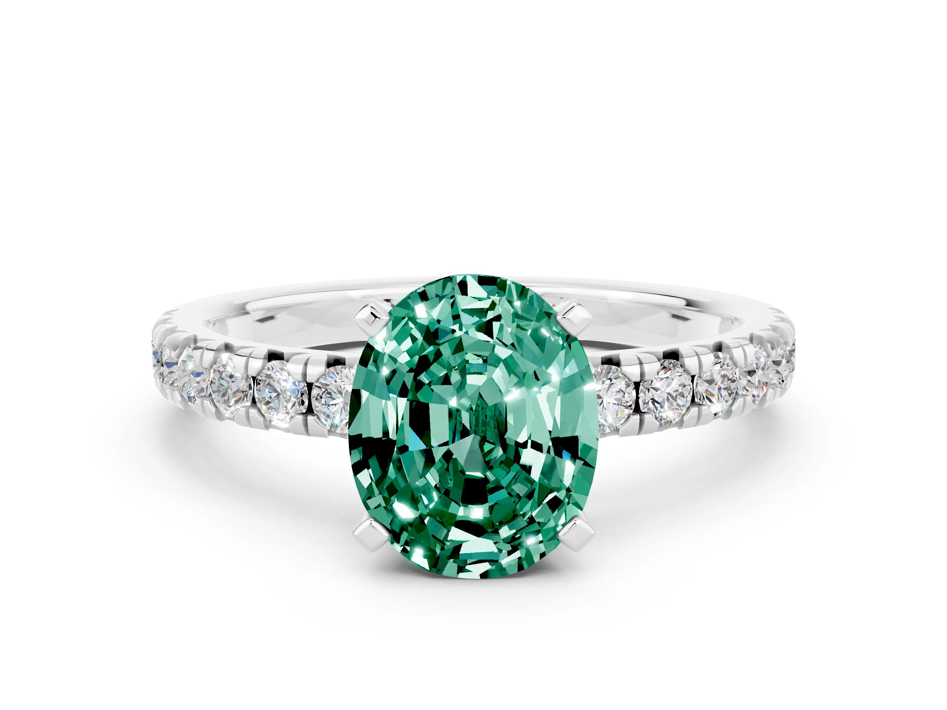 White gold Oval Cut Solitaire Pave Diamond Engagement Ring with Four-Prong Setting