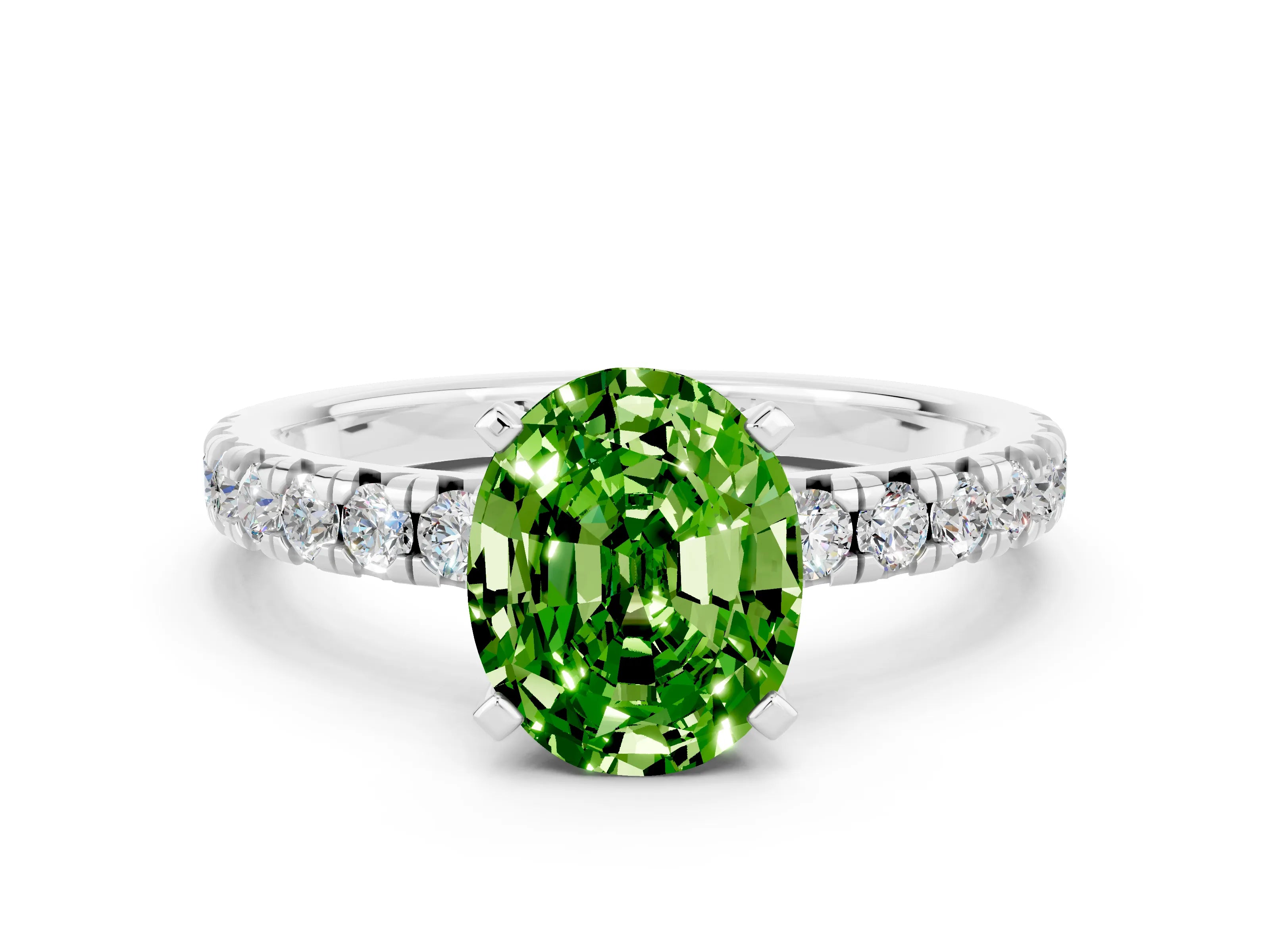 White gold Oval Cut Solitaire Pave Diamond Engagement Ring with Four-Prong Setting