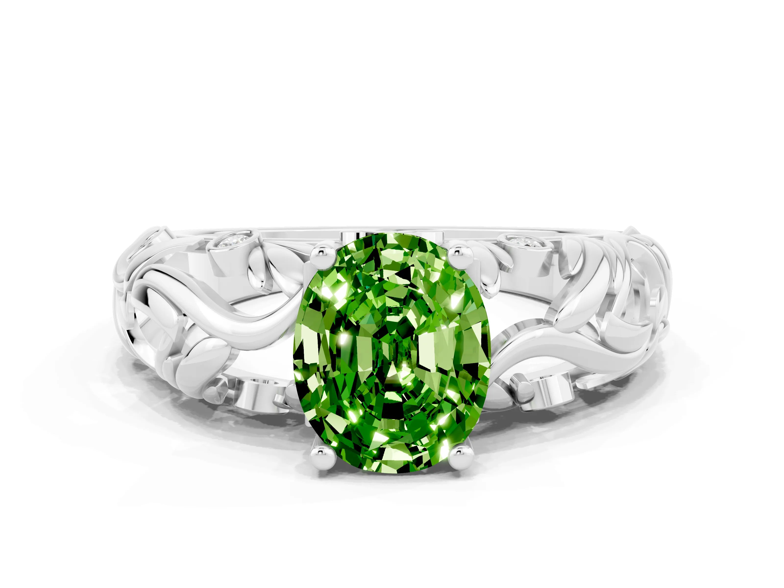 White gold Oval Cut Solitaire Peridot Leaf-Inspired Vine Band Ring with Prong Setting