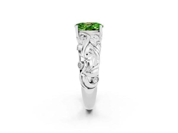 Silver Oval Cut Solitaire Peridot Leaf-Inspired Vine Band Ring with Prong Setting