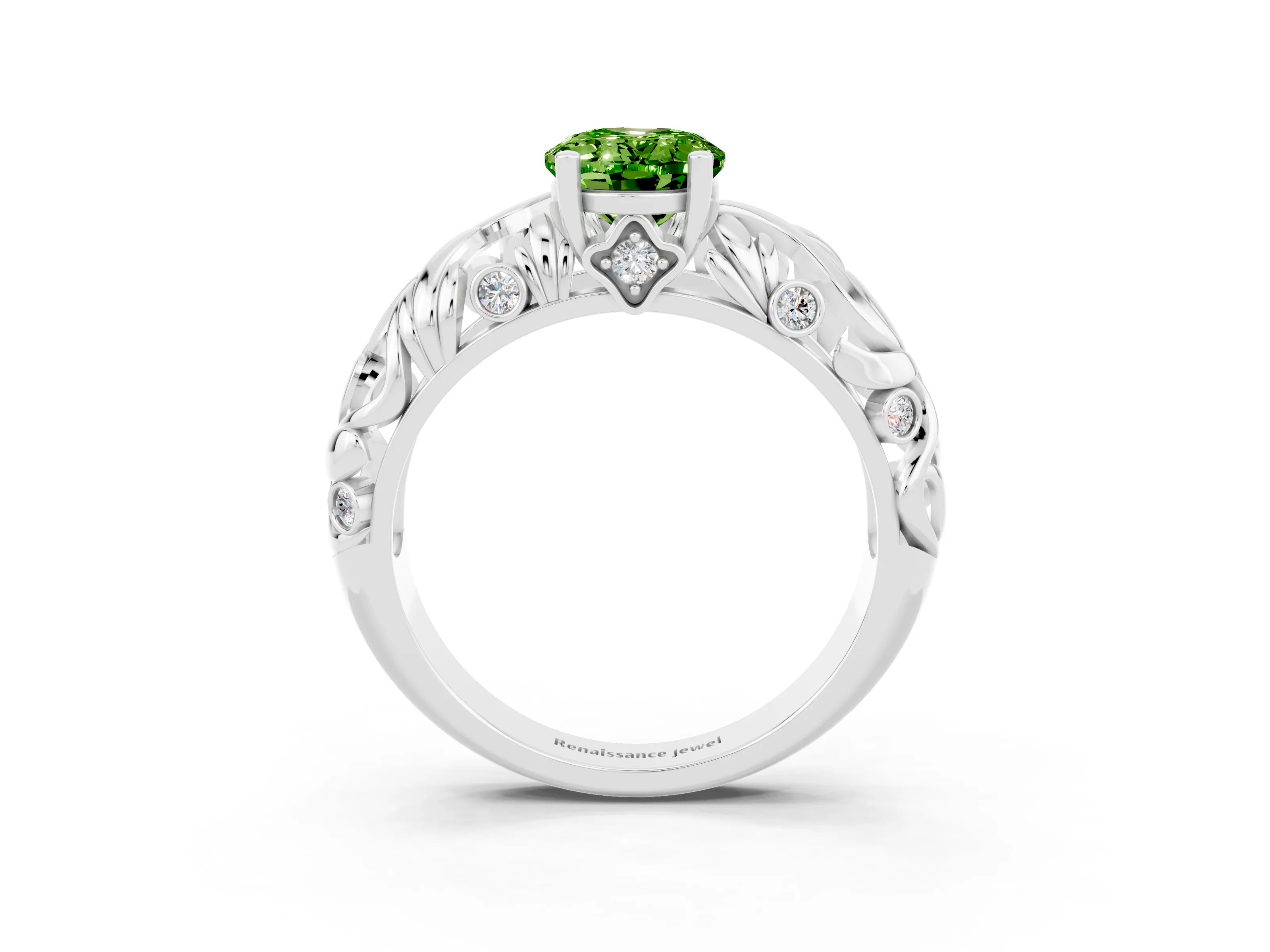 White gold Oval Cut Solitaire Peridot Leaf-Inspired Vine Band Ring with Prong Setting_3
