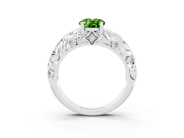 Silver Oval Cut Solitaire Peridot Leaf-Inspired Vine Band Ring with Prong Setting