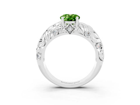White gold Oval Cut Solitaire Peridot Leaf-Inspired Vine Band Ring with Prong Setting_3
