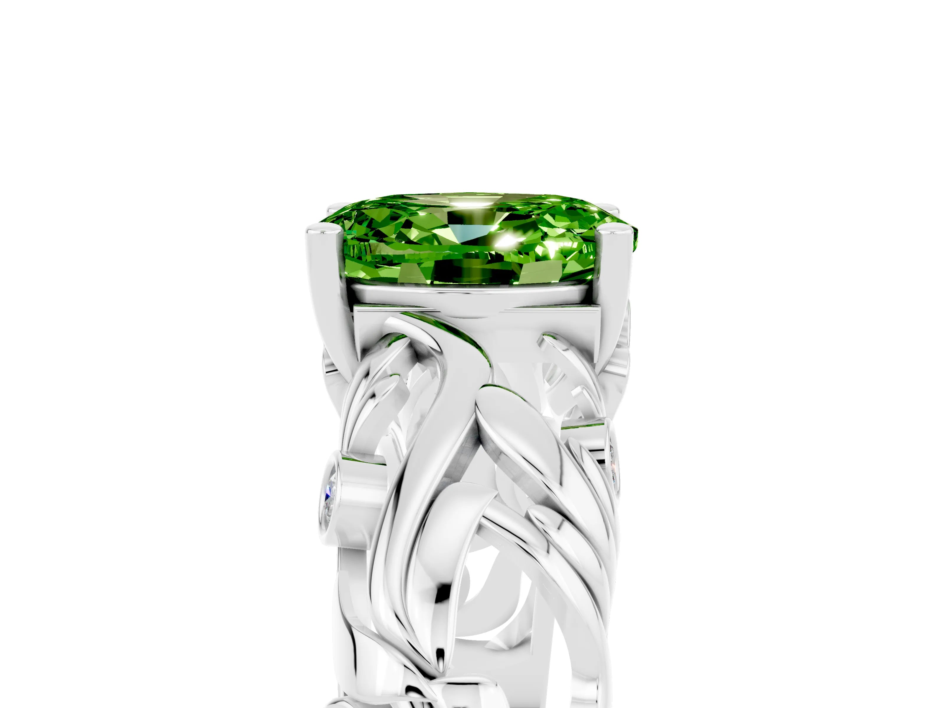 White gold Oval Cut Solitaire Peridot Leaf-Inspired Vine Band Ring with Prong Setting_5