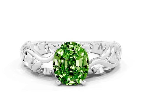 White gold Oval Cut Solitaire Peridot Leaf-Inspired Vine Band Ring with Prong Setting