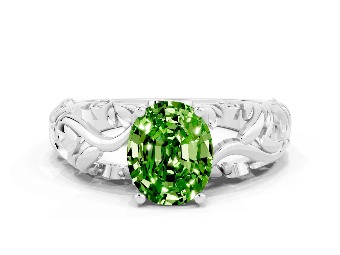 White gold Oval Cut Solitaire Peridot Leaf-Inspired Vine Band Ring with Prong Setting