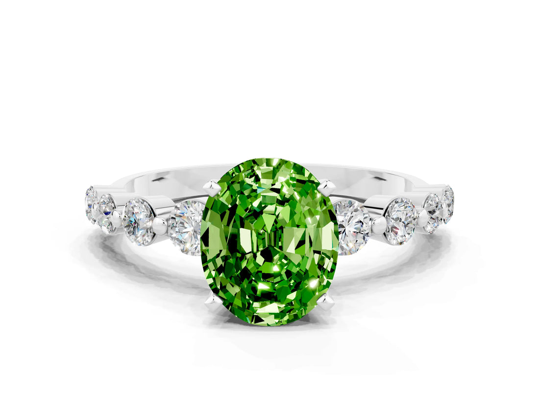 White gold Oval Cut Solitaire Peridot Ring with Pave Band and Four-Prong Setting