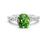 White gold Oval Cut Solitaire Peridot Ring with Pave Band and Four-Prong Setting