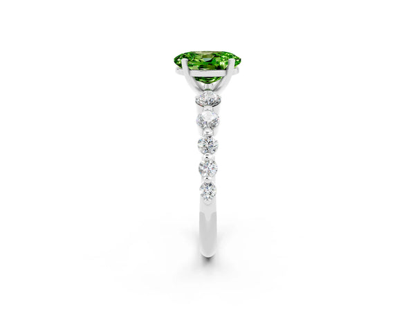 Silver Oval Cut Solitaire Peridot Ring with Pave Band and Four-Prong Setting