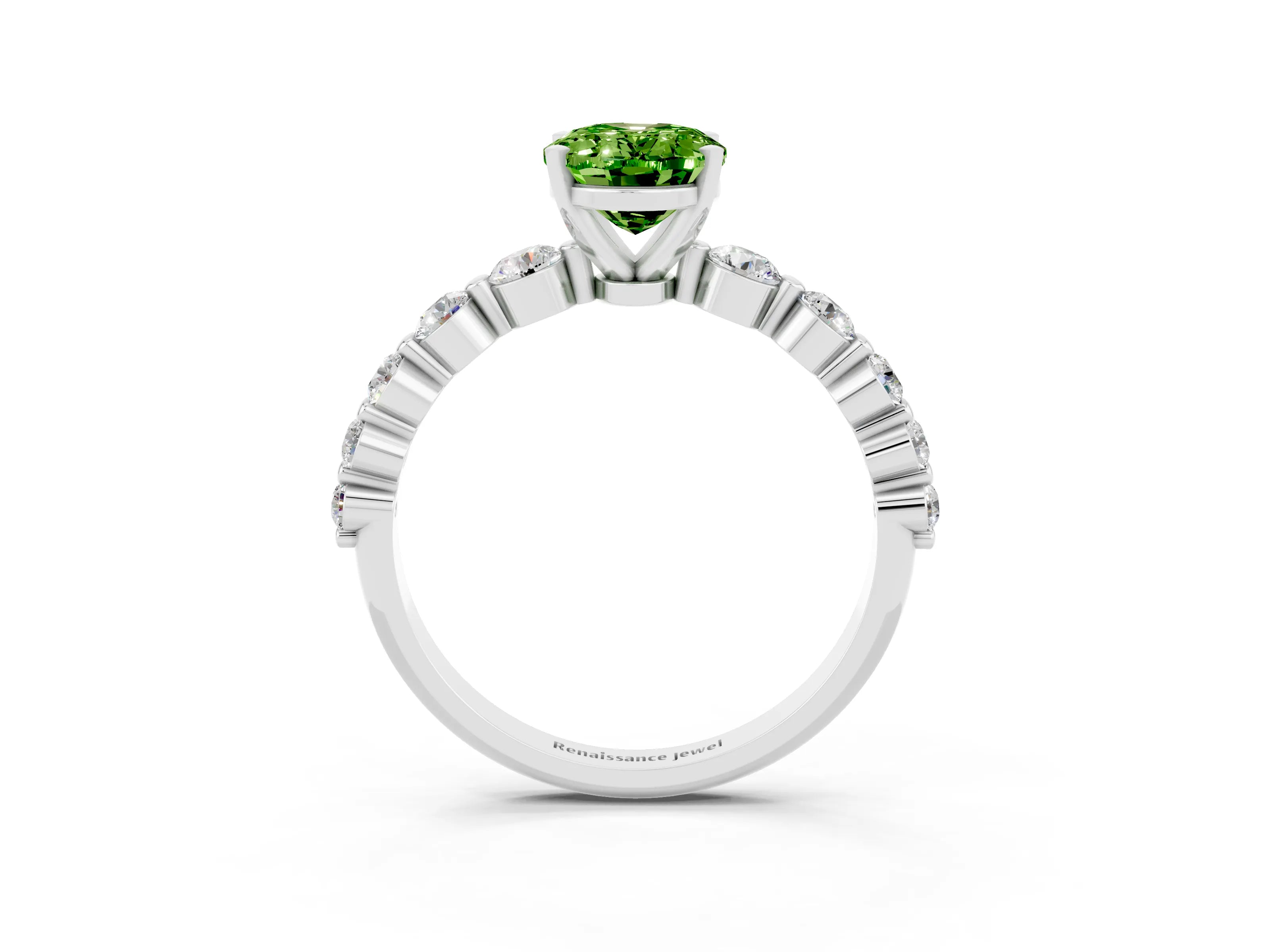 White gold Oval Cut Solitaire Peridot Ring with Pave Band and Four-Prong Setting_3