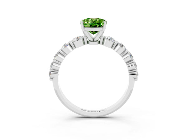 Platinum Oval Cut Solitaire Peridot Ring with Pave Band and Four-Prong Setting
