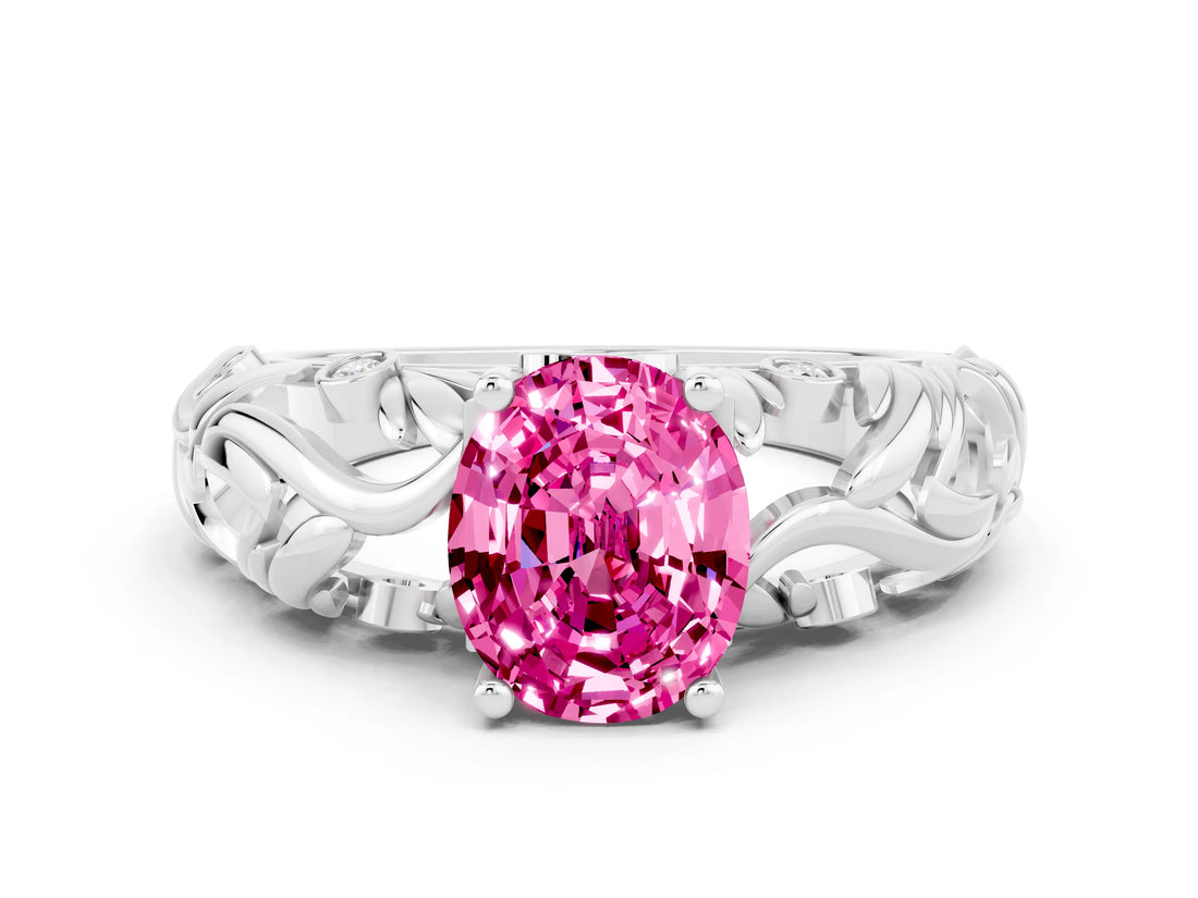 White gold Oval Cut Solitaire Pink Sapphire Leaf-Inspired Vine Band Ring with Prong Setting_24