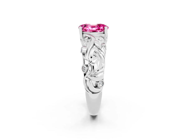 Platinum Oval Cut Solitaire Pink Sapphire Leaf-Inspired Vine Band Ring with Prong Setting