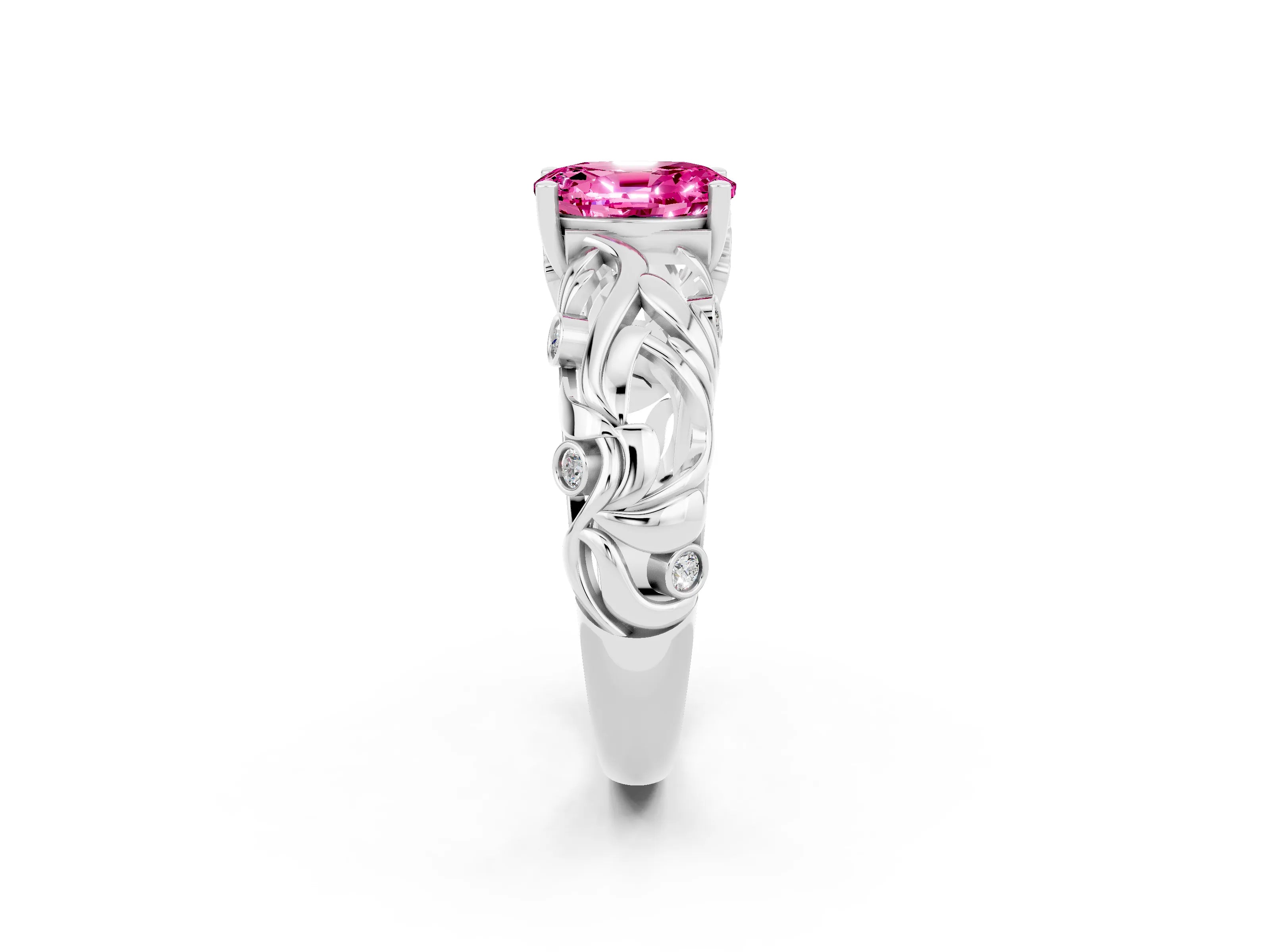 White gold Oval Cut Solitaire Pink Sapphire Leaf-Inspired Vine Band Ring with Prong Setting_26
