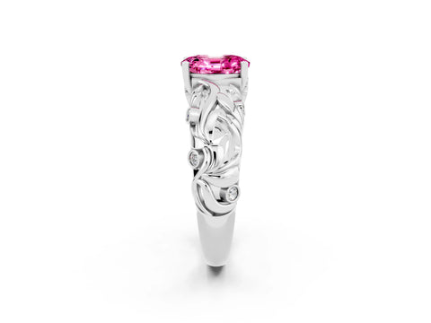 White gold Oval Cut Solitaire Pink Sapphire Leaf-Inspired Vine Band Ring with Prong Setting_26