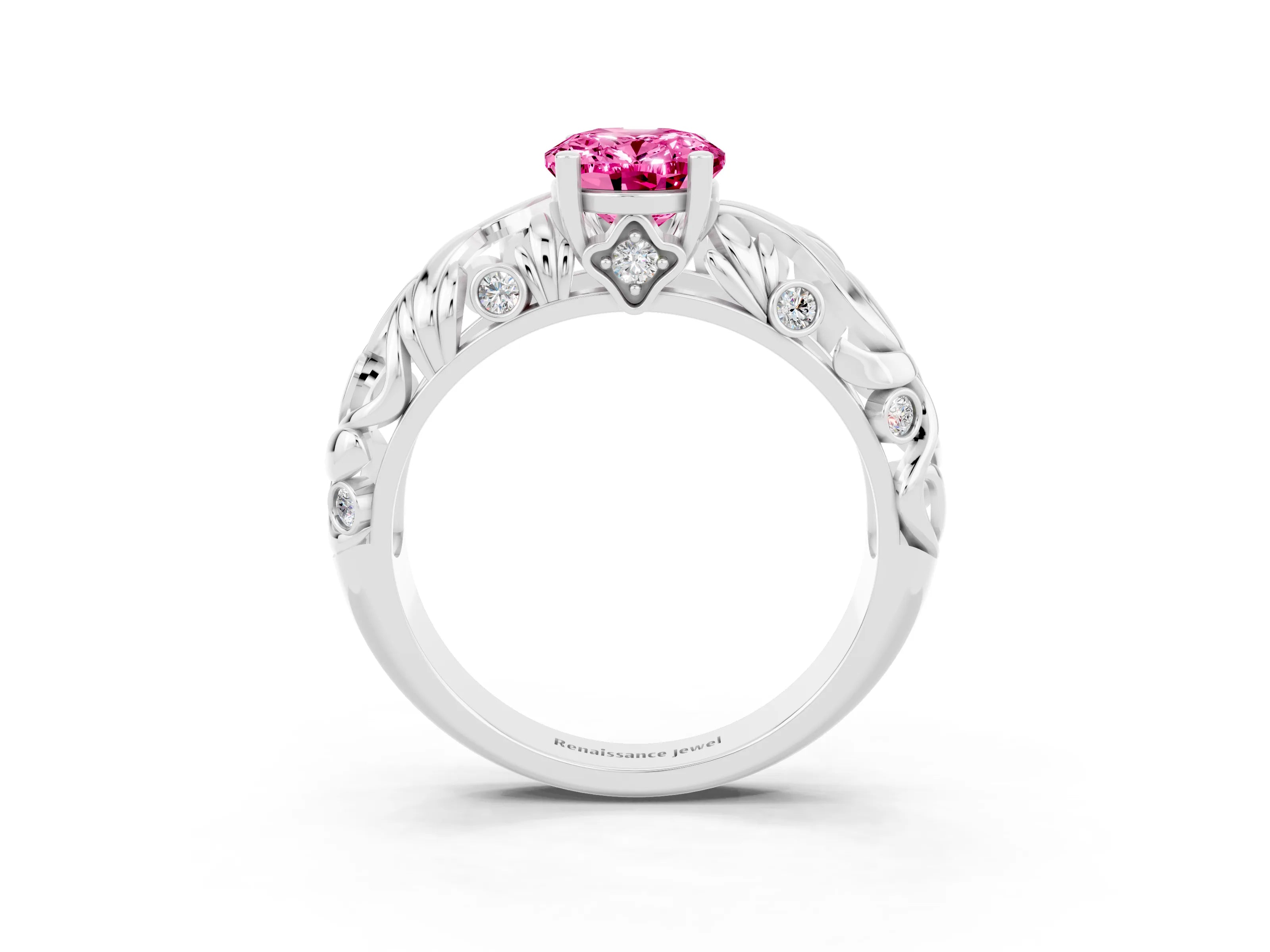 White gold Oval Cut Solitaire Pink Sapphire Leaf-Inspired Vine Band Ring with Prong Setting_27