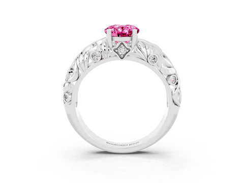 White gold Oval Cut Solitaire Pink Sapphire Leaf-Inspired Vine Band Ring with Prong Setting_27