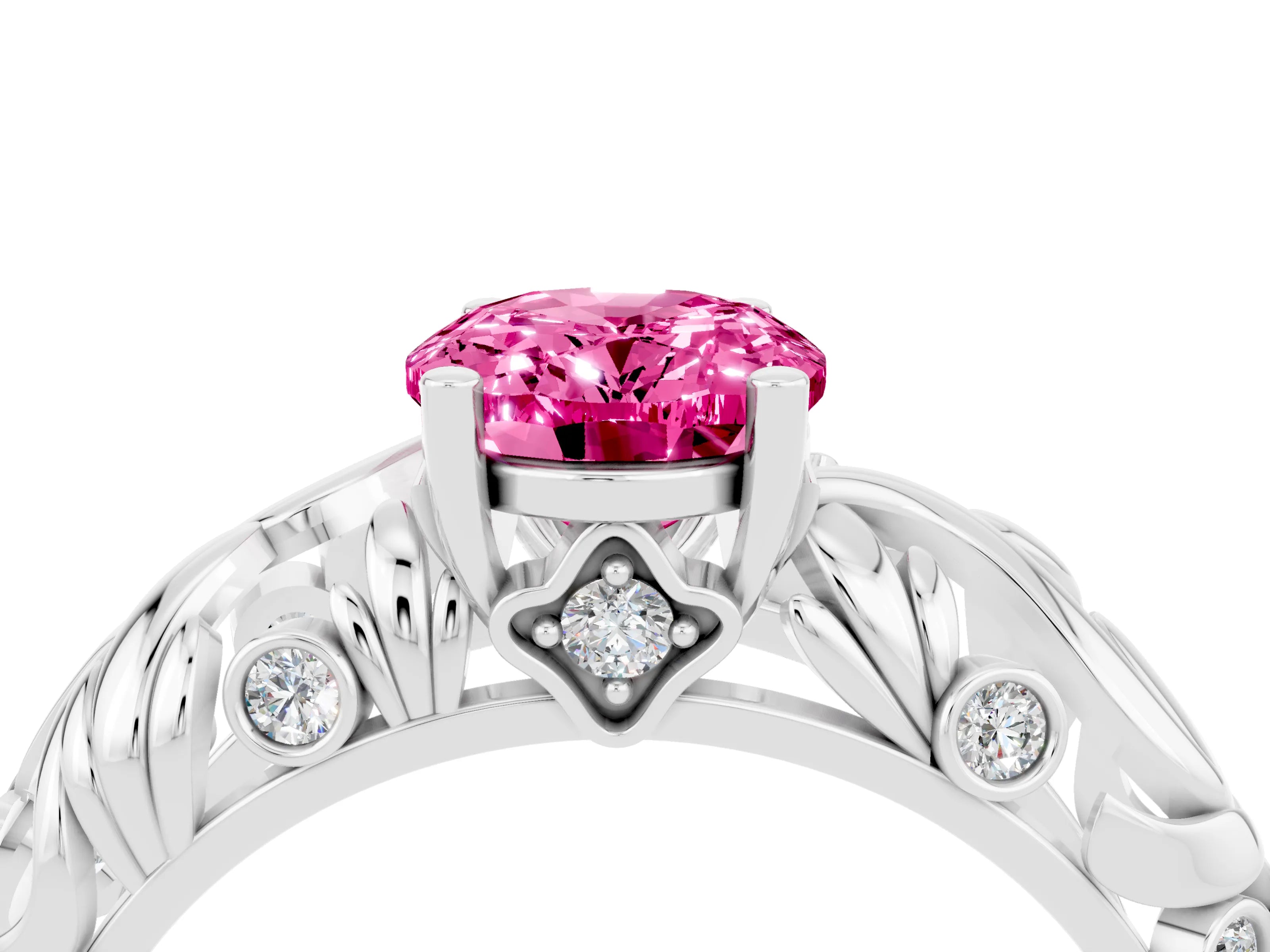White gold Oval Cut Solitaire Pink Sapphire Leaf-Inspired Vine Band Ring with Prong Setting_28
