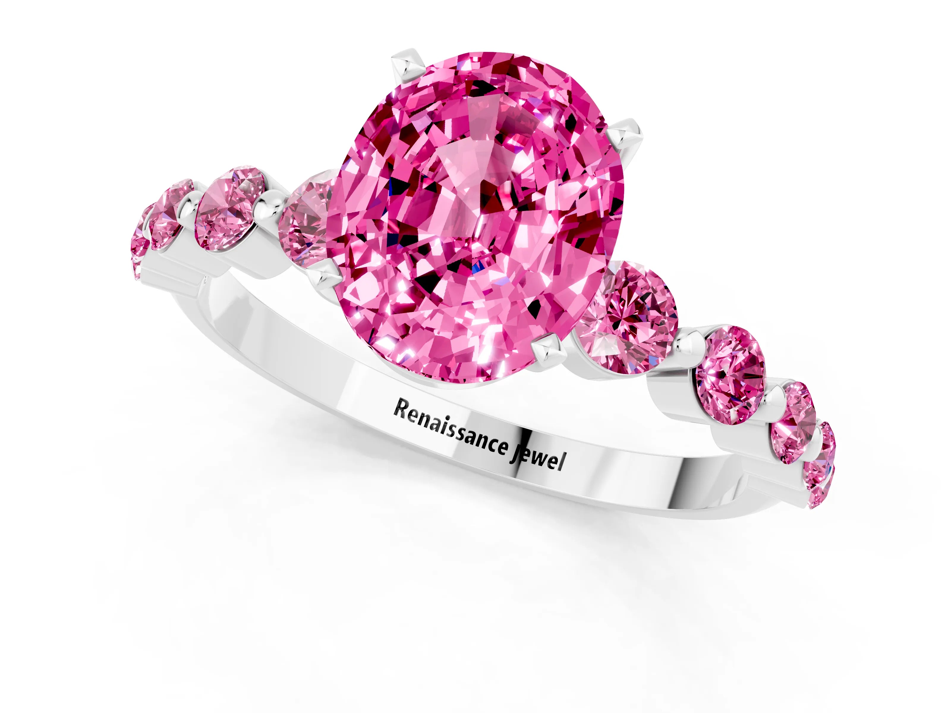White gold Oval Cut Solitaire Pink Sapphire Ring with Pave Band and Four-Prong Setting_1