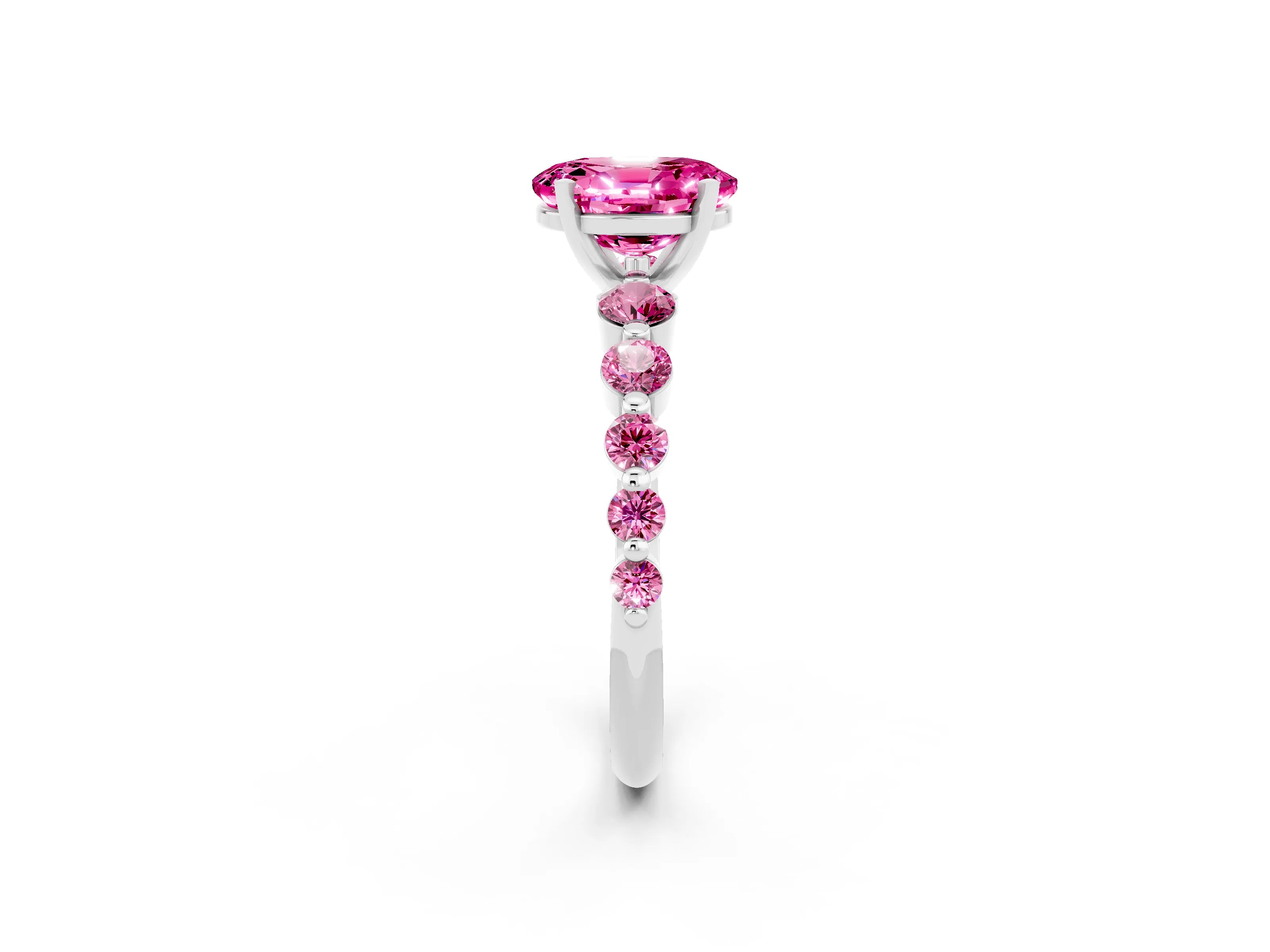 White gold Oval Cut Solitaire Pink Sapphire Ring with Pave Band and Four-Prong Setting_2
