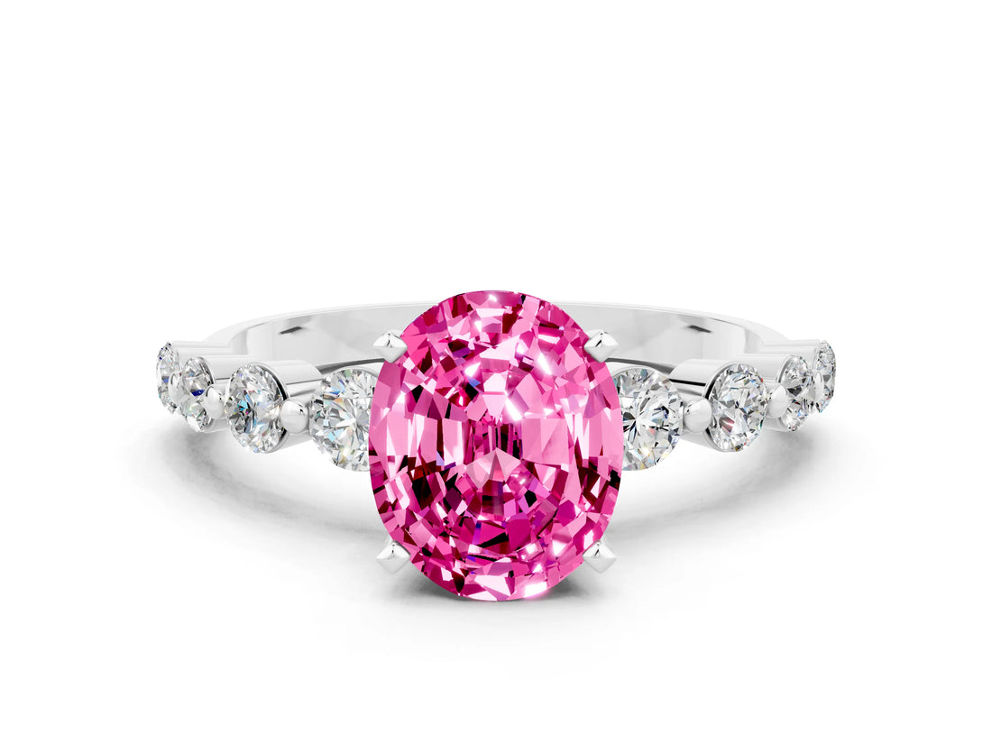 White gold Oval Cut Solitaire Pink Sapphire Ring with Pave Band and Four-Prong Setting_24
