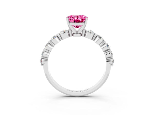 Silver Oval Cut Solitaire Pink Sapphire Ring with Pave Band and Four-Prong Setting