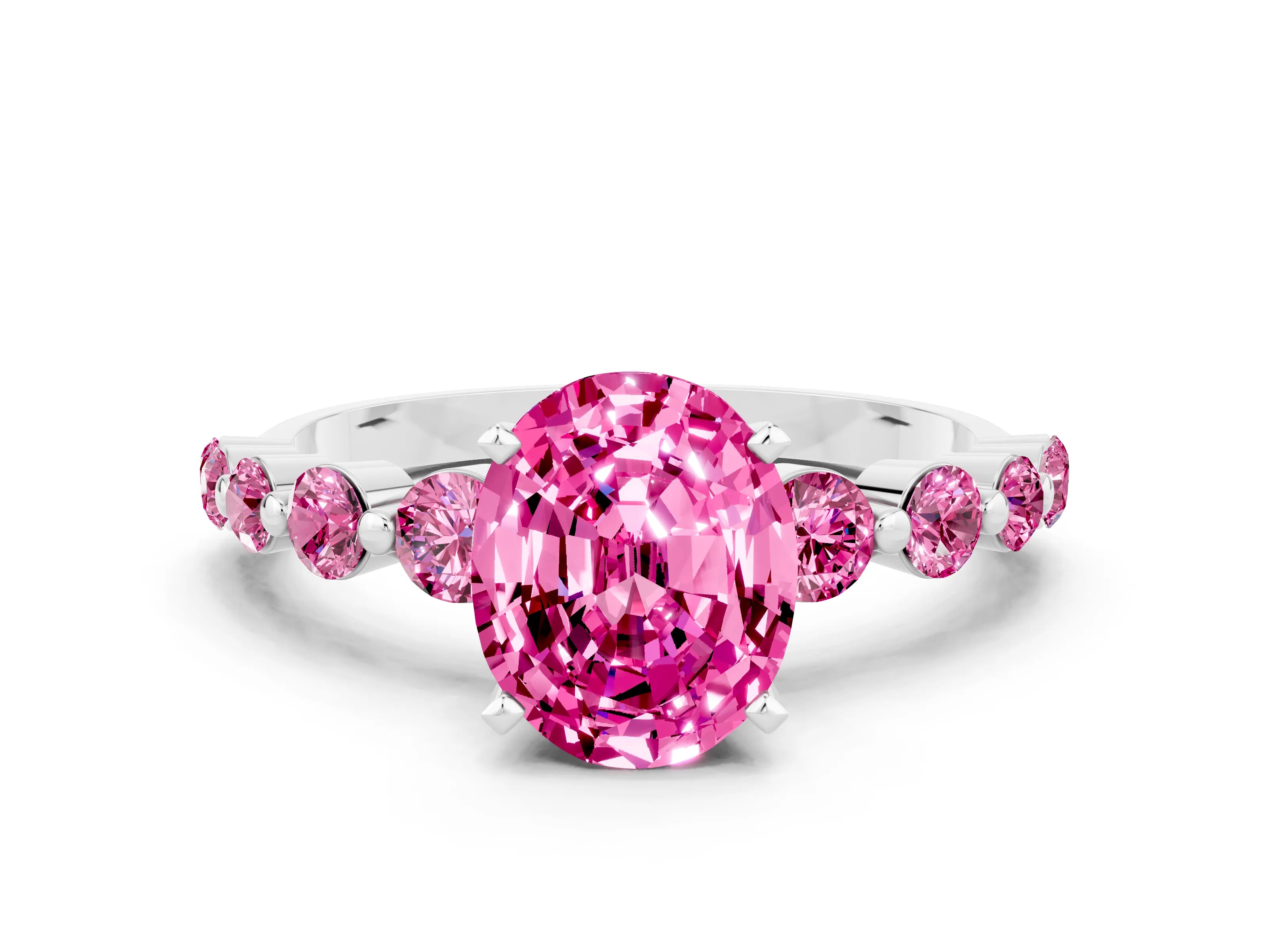 White gold Oval Cut Solitaire Pink Sapphire Ring with Pave Band and Four-Prong Setting