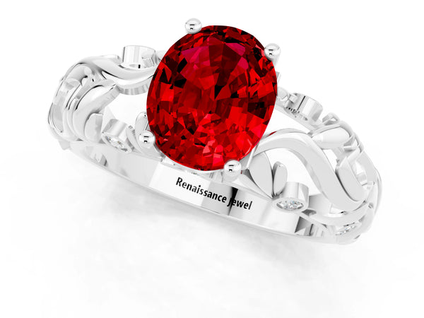 Platinum Oval Cut Solitaire Ruby Leaf-Inspired Vine Band Ring with Prong Setting