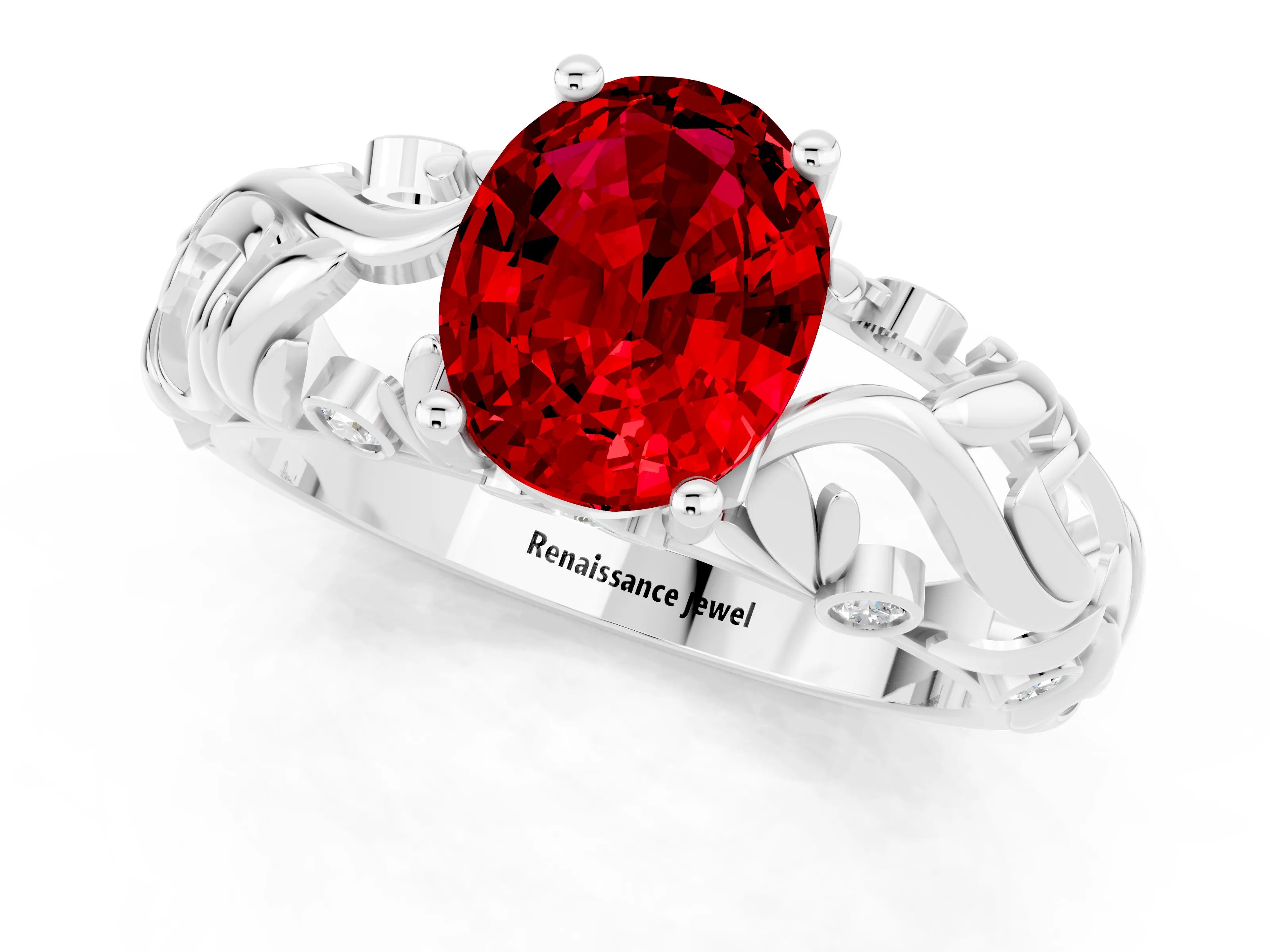 White gold Oval Cut Solitaire Ruby Leaf-Inspired Vine Band Ring with Prong Setting_1