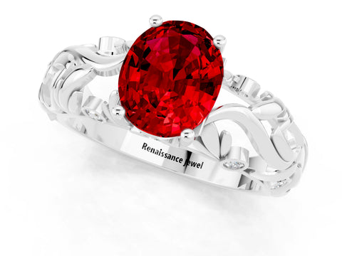 White gold Oval Cut Solitaire Ruby Leaf-Inspired Vine Band Ring with Prong Setting_1