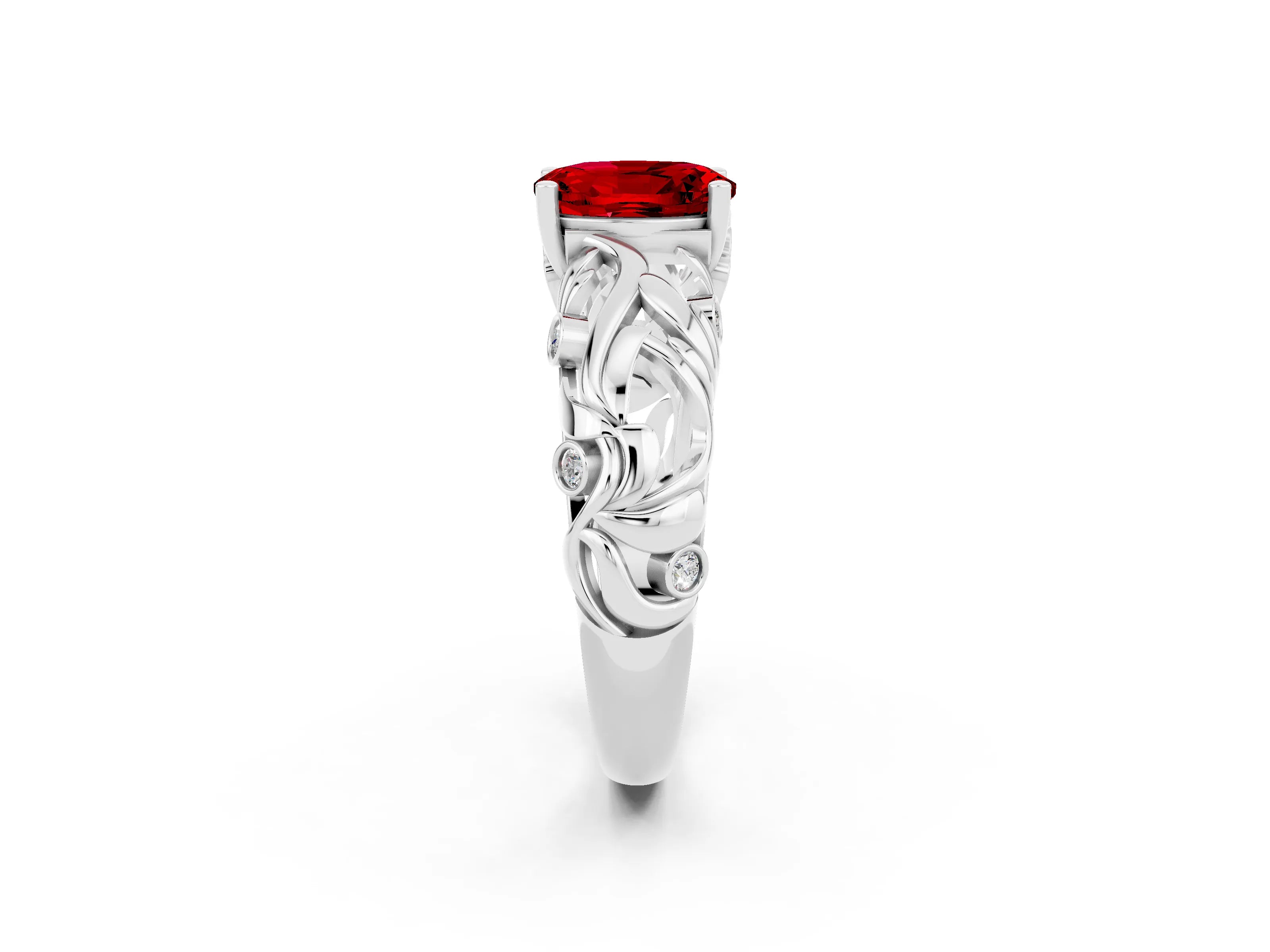 White gold Oval Cut Solitaire Ruby Leaf-Inspired Vine Band Ring with Prong Setting_2