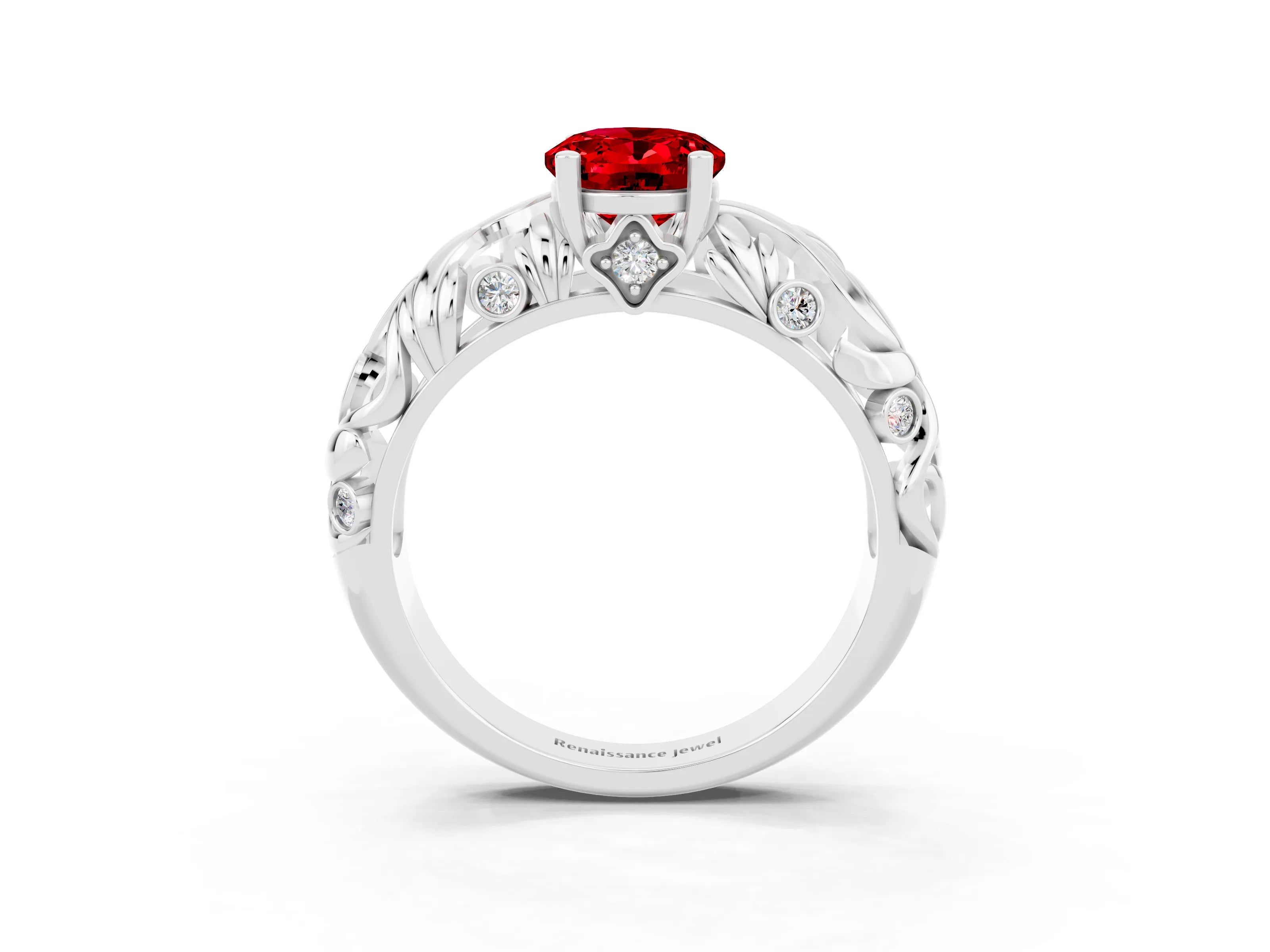 White gold Oval Cut Solitaire Ruby Leaf-Inspired Vine Band Ring with Prong Setting_3