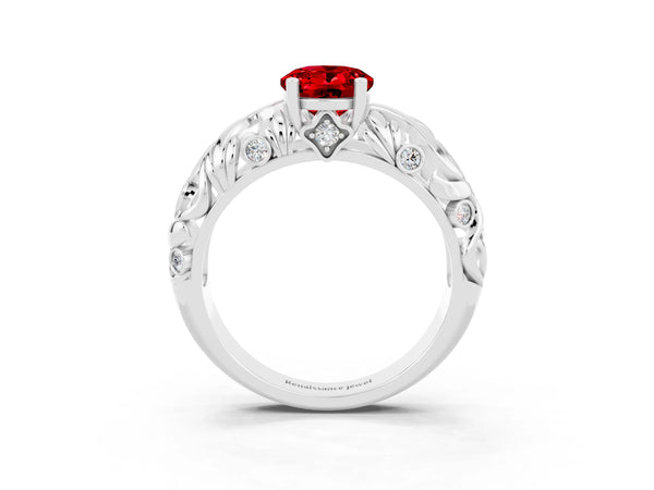White gold Oval Cut Solitaire Ruby Leaf-Inspired Vine Band Ring with Prong Setting