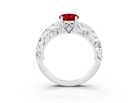 White gold Oval Cut Solitaire Ruby Leaf-Inspired Vine Band Ring with Prong Setting_3