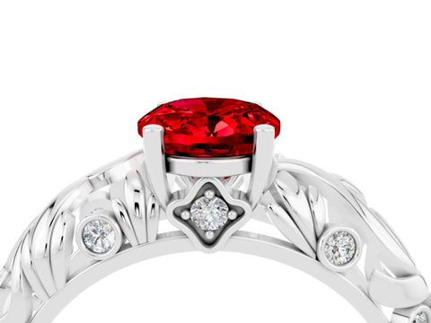 White gold Oval Cut Solitaire Ruby Leaf-Inspired Vine Band Ring with Prong Setting_4
