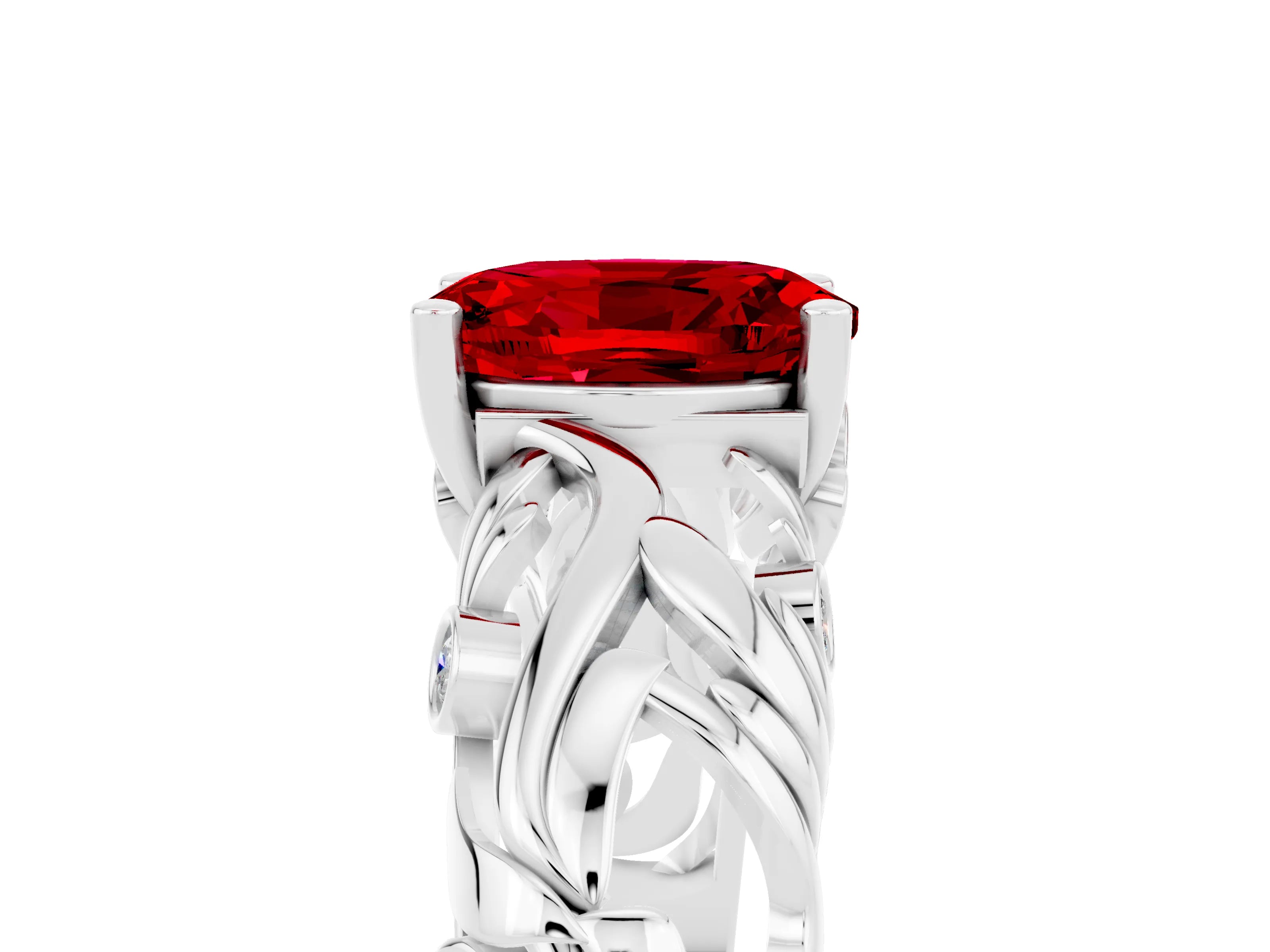 White gold Oval Cut Solitaire Ruby Leaf-Inspired Vine Band Ring with Prong Setting_5