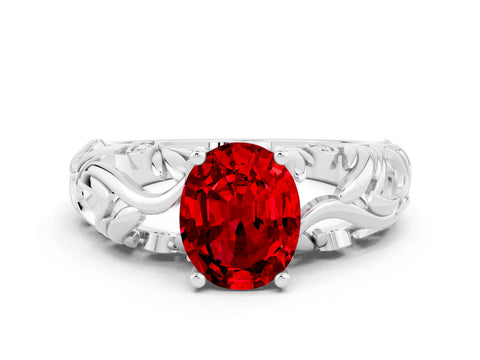 White gold Oval Cut Solitaire Ruby Leaf-Inspired Vine Band Ring with Prong Setting