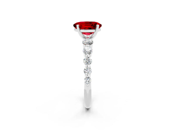 Platinum Oval Cut Solitaire Ruby Ring with Pave Band and Four-Prong Setting