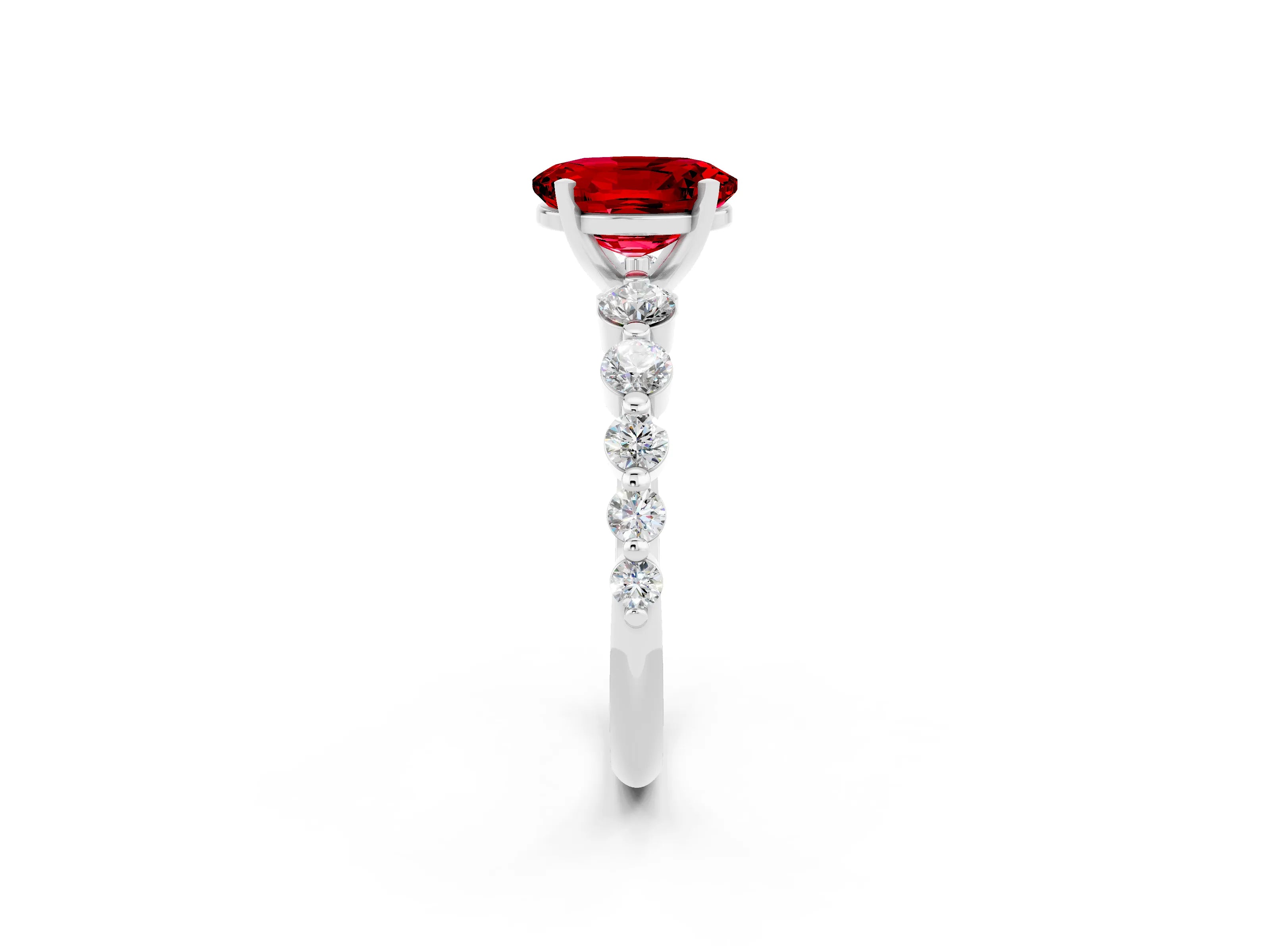 White gold Oval Cut Solitaire Ruby Ring with Pave Band and Four-Prong Setting_2