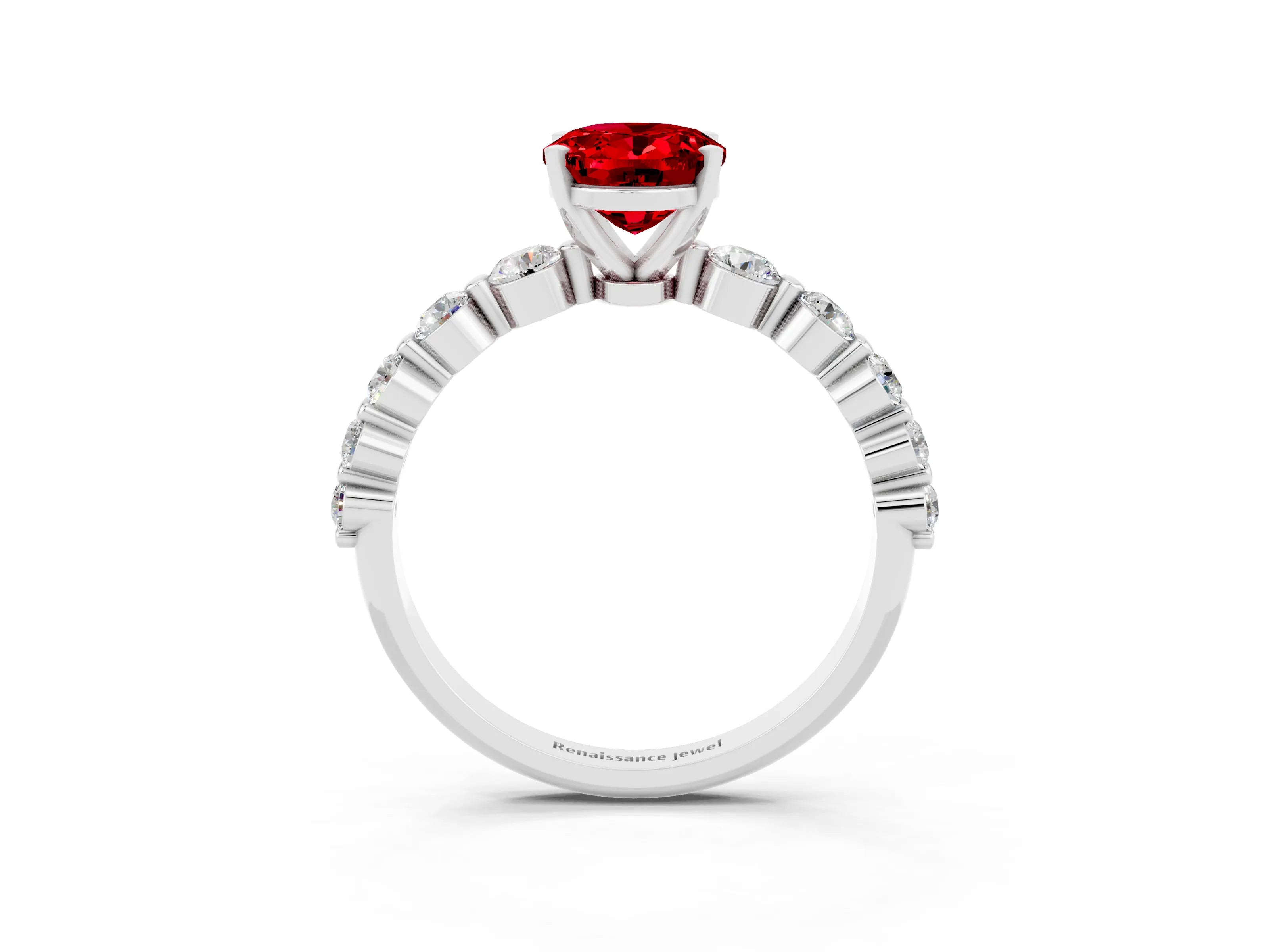 White gold Oval Cut Solitaire Ruby Ring with Pave Band and Four-Prong Setting_3