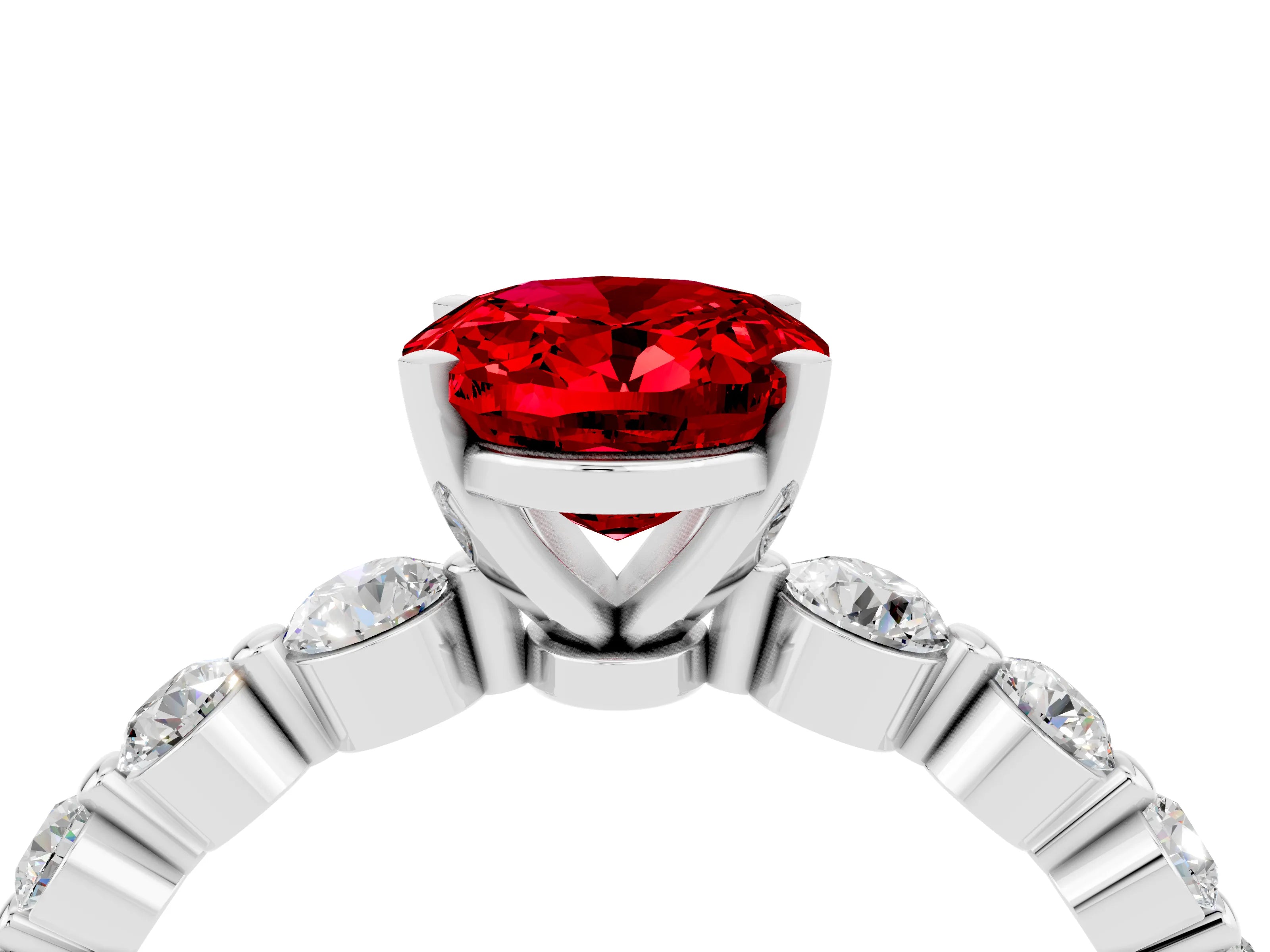 White gold Oval Cut Solitaire Ruby Ring with Pave Band and Four-Prong Setting_4