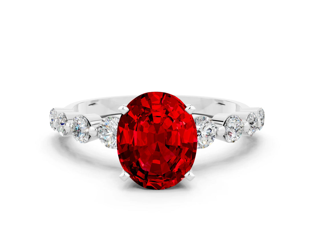 White gold Oval Cut Solitaire Ruby Ring with Pave Band and Four-Prong Setting