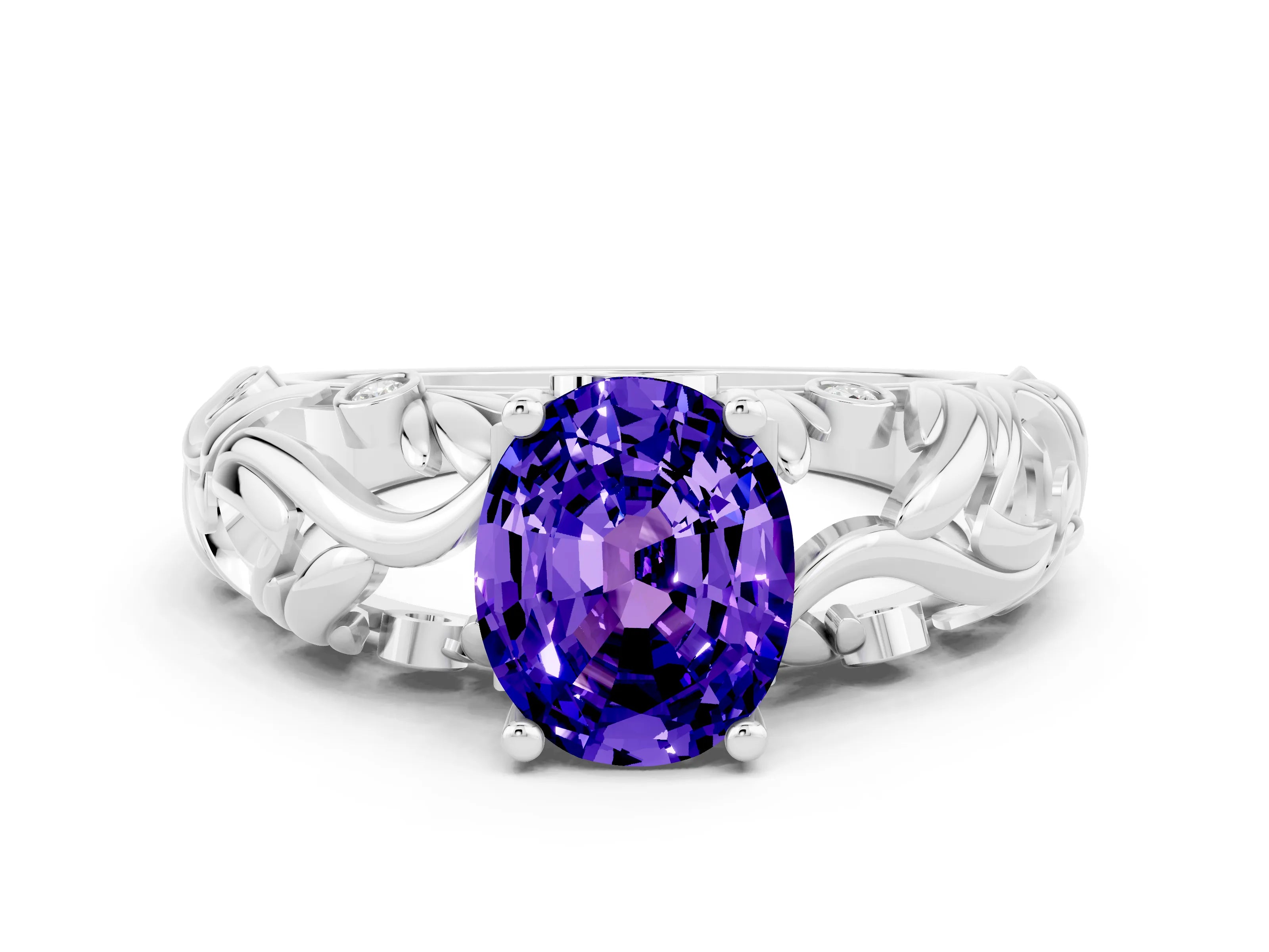 White gold Oval Cut Solitaire Tanzanite Leaf-Inspired Vine Band Ring with Prong Setting