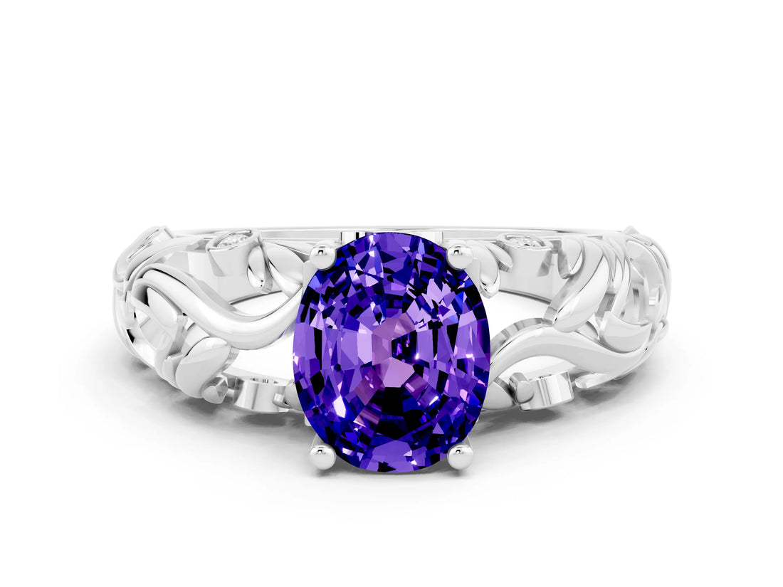 White gold Oval Cut Solitaire Tanzanite Leaf-Inspired Vine Band Ring with Prong Setting
