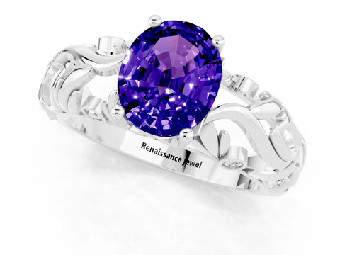 White gold Oval Cut Solitaire Tanzanite Leaf-Inspired Vine Band Ring with Prong Setting_1