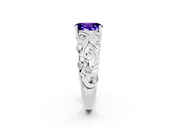 Silver Oval Cut Solitaire Tanzanite Leaf-Inspired Vine Band Ring with Prong Setting