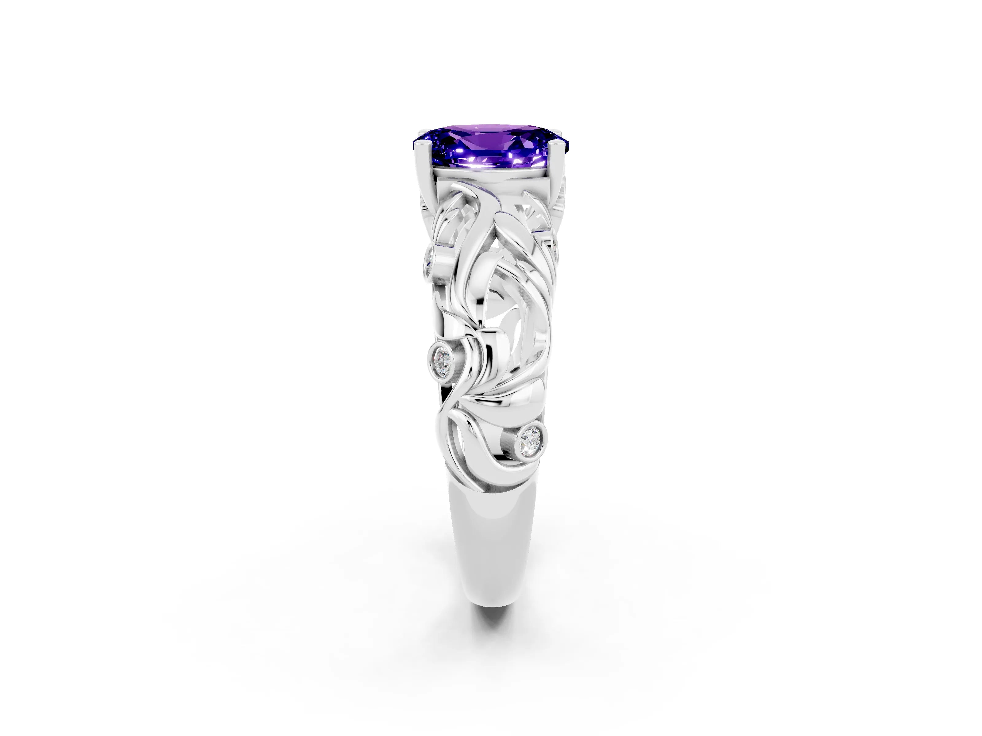 White gold Oval Cut Solitaire Tanzanite Leaf-Inspired Vine Band Ring with Prong Setting_2